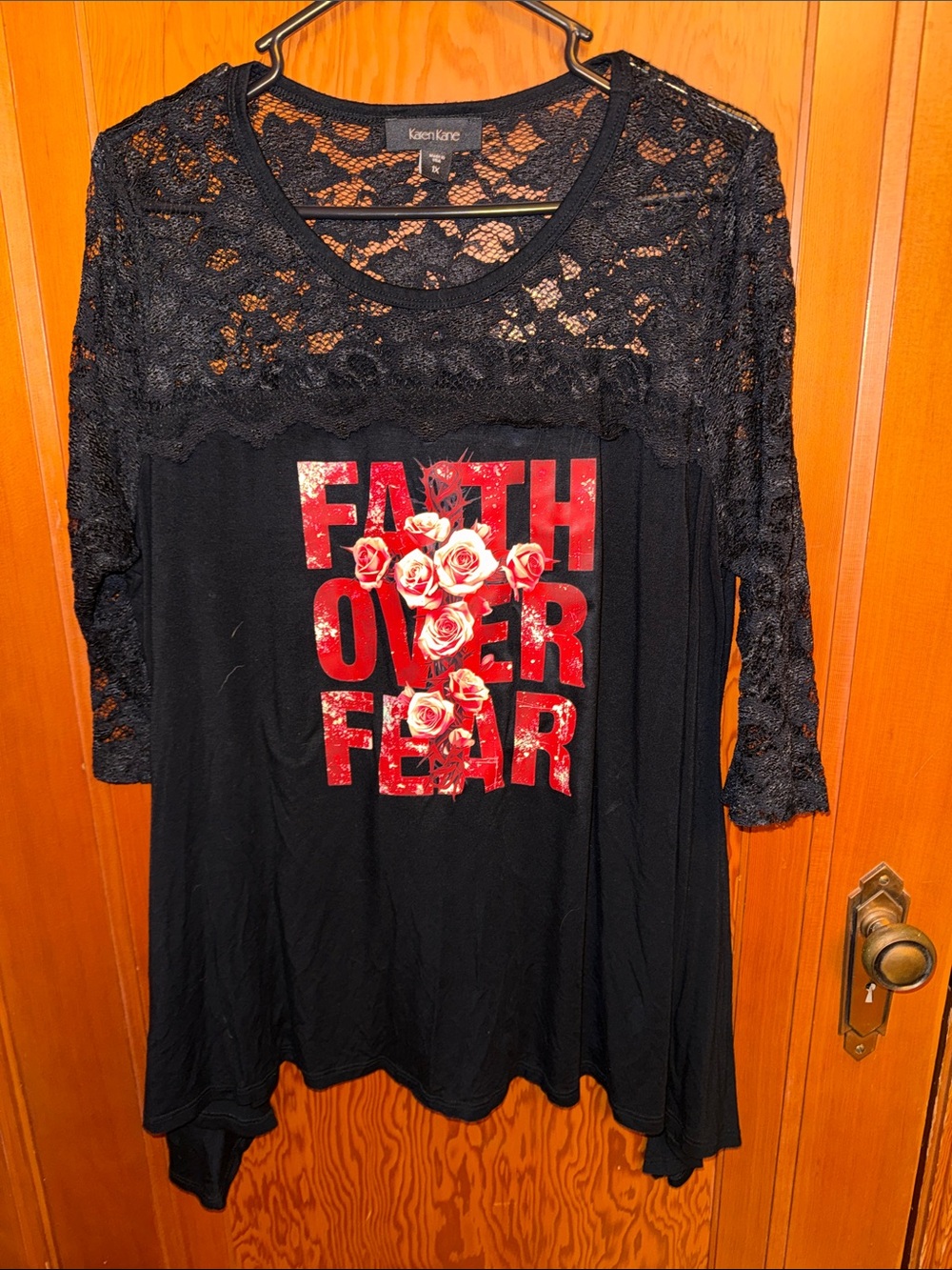 Karen Kane Black Lace Yoke Top with Red Rose "Faith Over Fear" Graphic